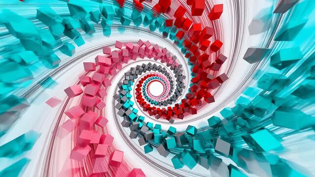 Spiral space scene with colorful cubes floating along a helical trajectory with lines