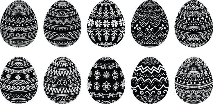 Collection of ten intricately decorated black and white stylized easter eggs featuring diverse traditional folk art patterns and unique ornamental designs for holiday celebration.