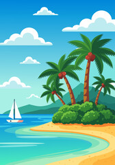 Serene Tropical Beach Scene with Sailboat, Lush Island, and Clear Sky - Vector Illustration of Paradise