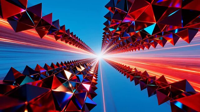 Futuristic geometric tunnel with colorful polyhedrons and motion trails