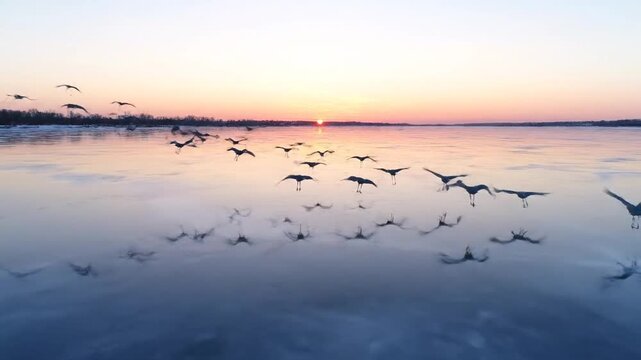 Flock of Cranes Flying Over Frozen River at Sunrise