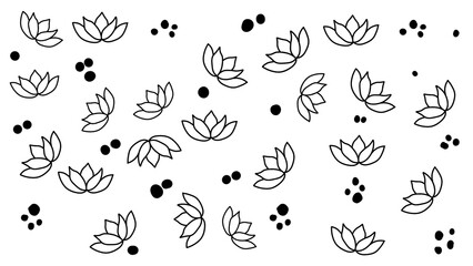 Minimalist botanical background with black hand-drawn lotus flowers and dots on white. Elegant line art vector illustration for modern wall decor, greeting cards, and artistic pattern design. © Isti