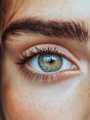 Macro close up of a woman&rsquo;s eye with long curled eyelashes, luminous iris detail, natural makeup, and gentle diffused lighting, ideal for vision testing, contact lens promotion, or eyesight awareness