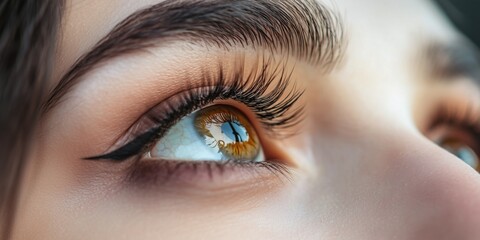 Macro of a woman&rsquo;s brown eye with long curled eyelashes, luminous iris detail, natural makeup, and gentle diffused lighting, ideal for vision testing, contact lens promotion, or eyesight awareness