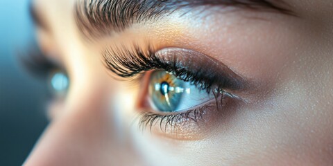 Macro close up of a woman&rsquo;s eye with long curled eyelashes, luminous iris detail, natural makeup, and gentle diffused lighting, ideal for vision testing, contact lens promotion, or eyesight awareness