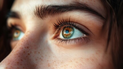 Macro close up of a woman&rsquo;s eyes with long curled eyelashes, luminous iris detail, natural makeup, and gentle diffused lighting, ideal for vision testing, contact lens promotion, or eyesight awareness