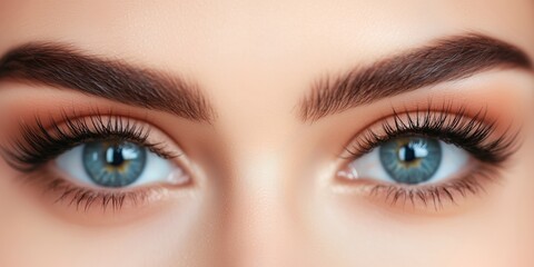 Close up of a woman&rsquo;s brown eyes with long curled eyelashes, luminous iris detail, natural makeup, and gentle diffused lighting, ideal for vision testing, contact lens promotion, or eyesight awareness