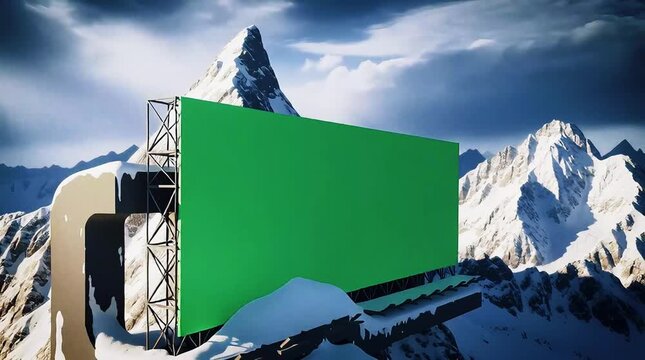 Blank Green Screen Billboard Mockup on Snowy Mountain Peak
