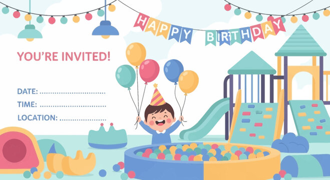Happy child celebrating birthday at a vibrant indoor playground with balloons and a ball pit.