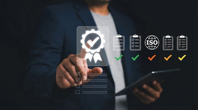 Businessman touching virtual screen with quality assurance badge, ISO certification, and checklist icons for business standards and compliance