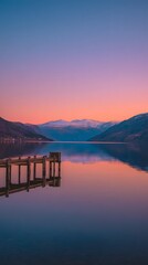 Fototapeta premium Wooden pier on a calm lake with snow capped mountains and a colorful sunset sky reflecting on the water