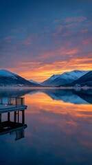 Fototapeta premium Wooden pier on a calm lake reflecting colorful sunset sky over snow covered mountains