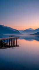 Fototapeta premium Wooden dock with benches extends over a calm lake reflecting the pastel colors of the sunrise sky and distant mountains