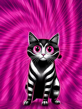 Un gato atigrado salta con los brazos extendidos en un fondo abstracto de l&iacute;neas radiales rosadas.