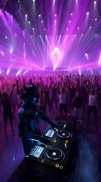 Un DJ alien&iacute;gena con armadura futurista mezcla m&uacute;sica en un club nocturno lleno de gente.