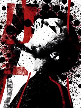 Una imagen en blanco y negro con toques de rojo que representa a una persona gritando con la cabeza inclinada hacia atr&aacute;s.