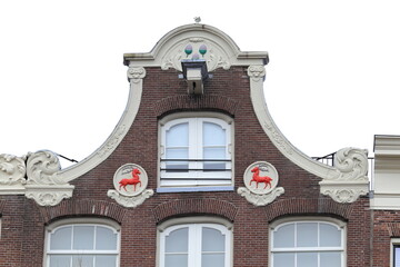 Obraz premium Prinsengracht Canal House Bell Gable with Sculpted Decoration Close Up in Amsterdam, Netherlands