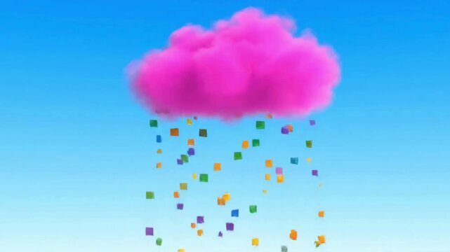 Dreamlike pink cloud pouring multicolored geometric rain animation