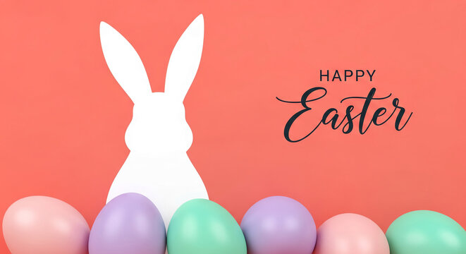 Flat lay of pastel easter eggs, white paper rabbit on orange background. Symbolic for Easter celebration, holiday spirit, cheerful season, festive event
