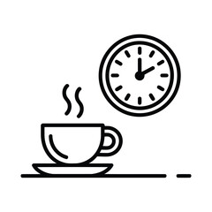 A steaming cup of coffee sits next to a clock, symbolizing a morning routine or a