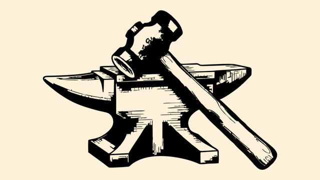 Vintage Engraving of Blacksmith Hammer Resting on Heavy Duty Anvil