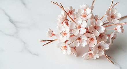 Naklejka premium Close-up of delicate white cherry blossom with copper stems on marble. Representative of spring, renewal, and natural beauty, suitable for elegant design