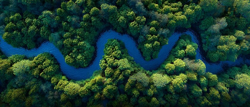 Aerial view of a winding blue river flowing through a dense green forest landscape