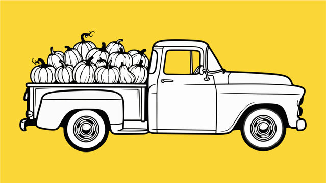 Vintage Pickup Truck Carrying Full Load of Pumpkins Illustration for Harvest Season