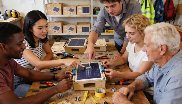Engineers prototyping solar electronics in a workshop