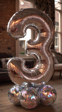 Shimmering silver foil number three balloon stands atop a playful stack of sparkling disco balls, perfect for birthday celebrations and festive decorations
