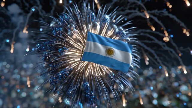 Argentina, Argentine flag symbol, representing patriotism and freedom, independence day, a vibrant festive celebration with bursting colorful fireworks