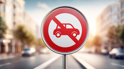 Crossed out car symbol sign representing World Car Free Day or restricted traffic zone. Concept of sustainable transport, eco mobility, urban regulation and environmental awareness.