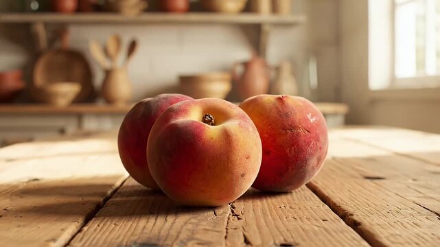 Three Peaches on Rustic Wooden Table with Natural Light in Kitchen Setting
