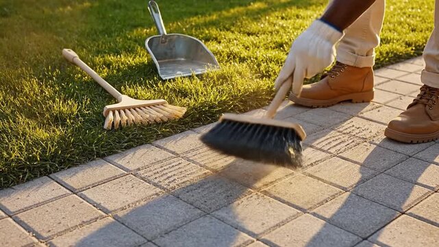 Sweeping sand into joints of stone pavers, a middle-aged man with dark skin wearing white gloves and tan boots cleans a sunny backyard patio walkway.