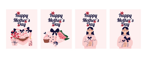 Mothers Day greeting banner set with bouquets gifts and mom holding presents festive family holiday illustration collection © Anastasiia Bublyk