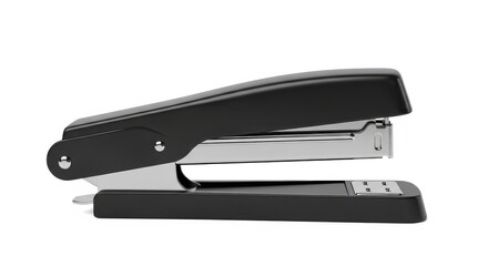 Black Stapler in Modern Design with Metal Staples in Studio Lighting on White Background for Office Supplies