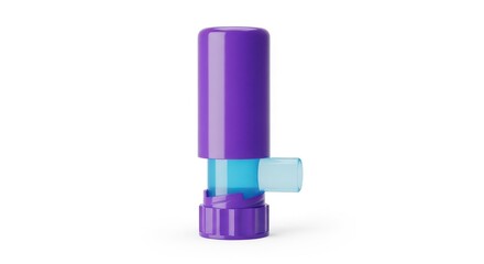 Purple Asthma Inhaler in Modern Minimalist Design with Soft Blue Accents on White Background for Medical Advertising