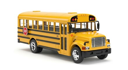 Toy School Bus in Bright Yellow Color with Black Stripes and Silver Grill on White Background for Education