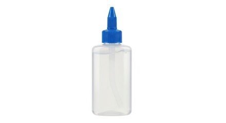 Clear Plastic Bottle with Blue Dropper Lid in Simple Studio Lighting on White Background for Cosmetic Packaging