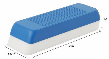 Blue Eraser with White Base in Rectangular Shape with Measured Dimensions in Studio Lighting for Stationery Advertising