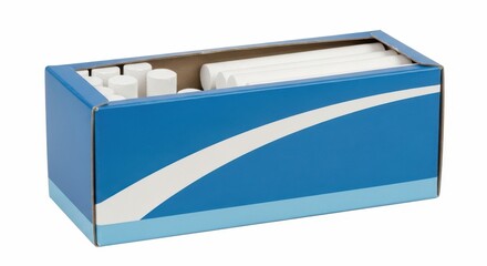 Blue tissue box with white stripe and tissues inside in soft studio lighting on white background for packaging design