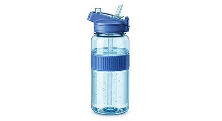 Reusable water bottle with straw lid in transparent blue color on white background for eco friendly products