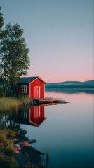 Obraz premium Red boathouse on a calm lake during a pastel sunset with reflections
