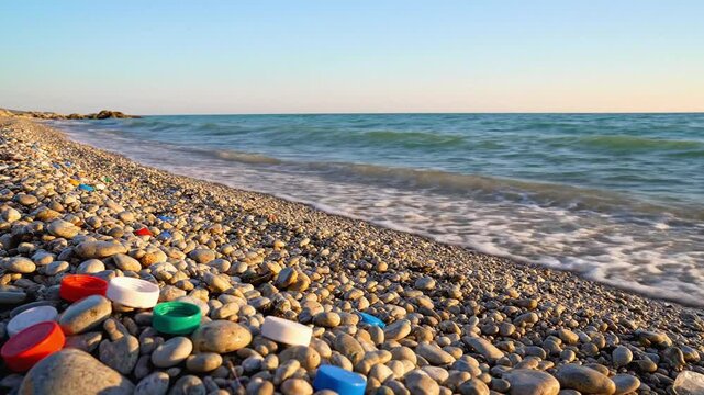 Colorful plastic bottle caps litter a pebble beach as ocean waves wash ashore under a clear blue sky, highlighting environmental pollution and waste.