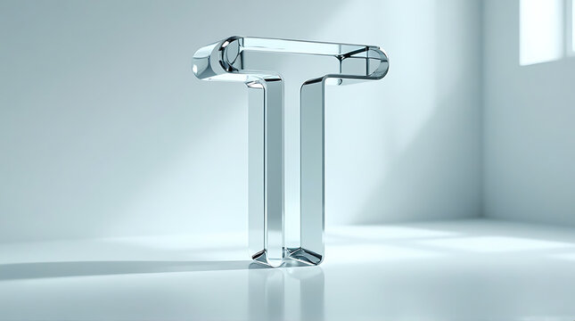 Futuristic glass lowercase t suspended in a bright airy environment, realistic reflections and refractions, soft volumetric light, wide negative space 