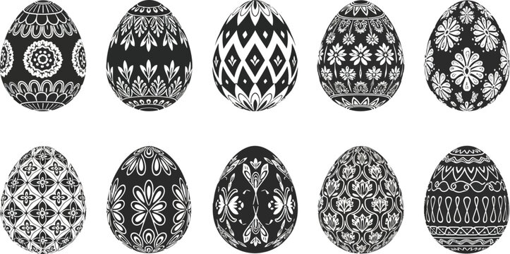Ten intricately designed black and white decorative Easter eggs displaying various traditional folk art patterns isolated on a white background perfect for holiday design elements.