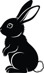 Fototapeta premium Stylized black silhouette of a small rabbit sitting upright with prominent ears and a fluffy tail presented clearly against a white background for design use