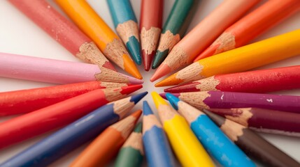 Naklejka premium Bunch Of Crayons. Macro Photo Of A Bunch Of Colored Crayons On A White Background