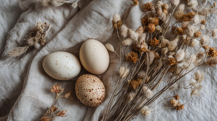 Natural bird eggs rest among dried flowers and soft linen fabric in muted earth tones.