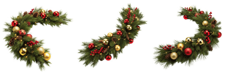 Set of Festive Christmas Garland Borders with Red and Gold Ornaments Transparent Background PNG